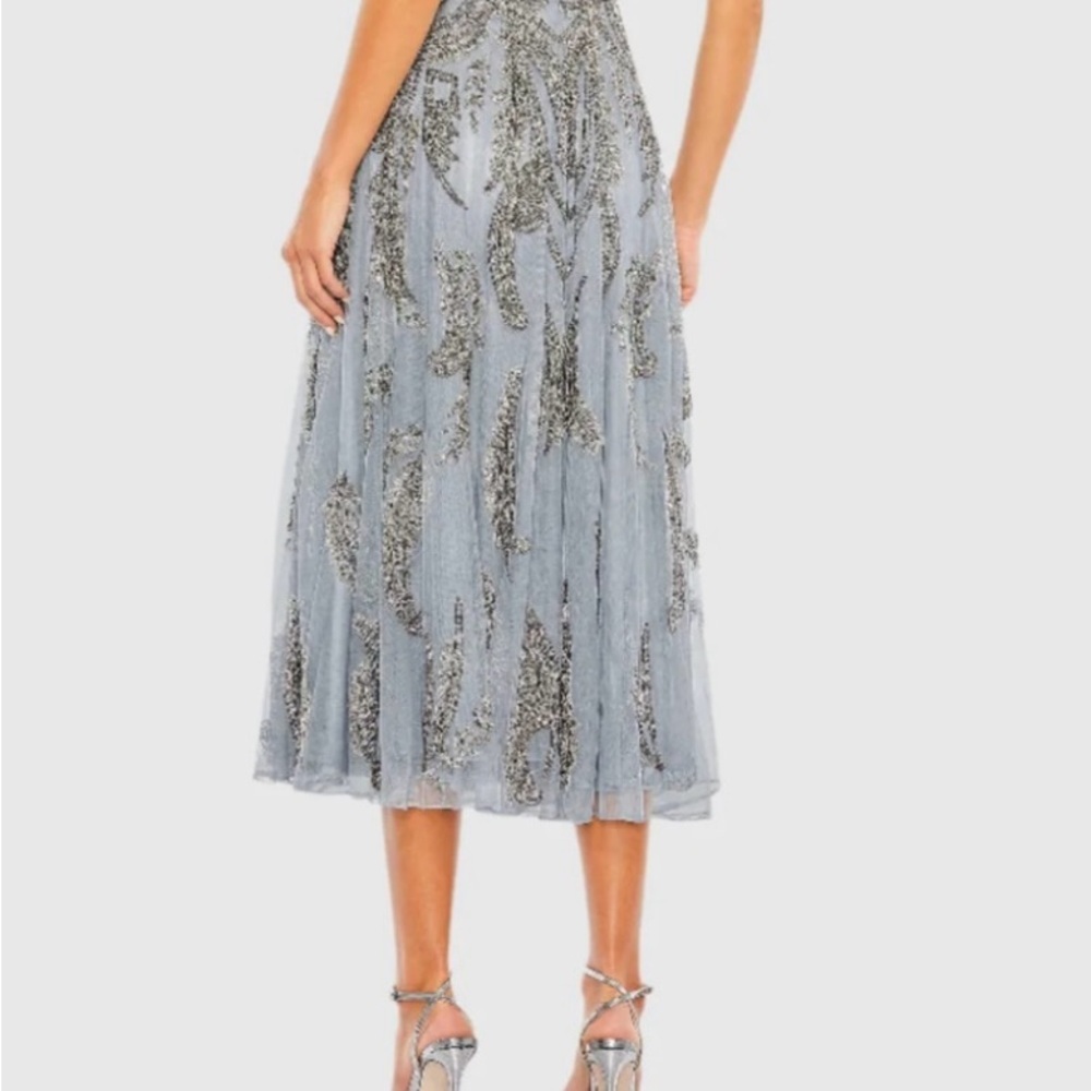 NWT |Mac Duggal A5434 Silver Short Sleeve Beaded A-line Tea Length Dress Size 10 - Picture 4 of 16